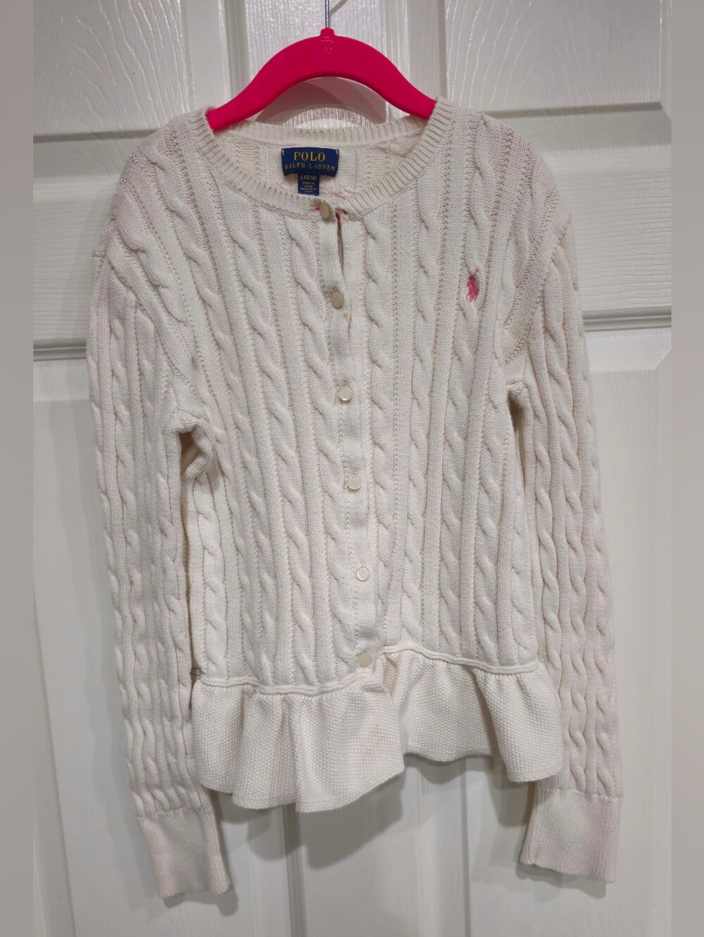 Polo by Ralph Lauren Cream Cable-Knit Cardigan with Pink Pony Logo